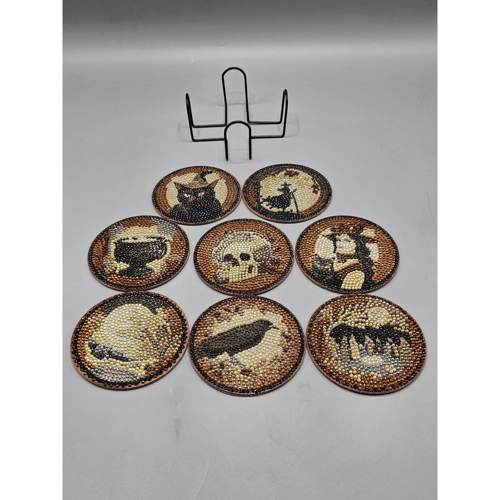 Diamond Dotz Handcrafted Halloween Coasters Set Of 8 Witch Black Cat Cauldron